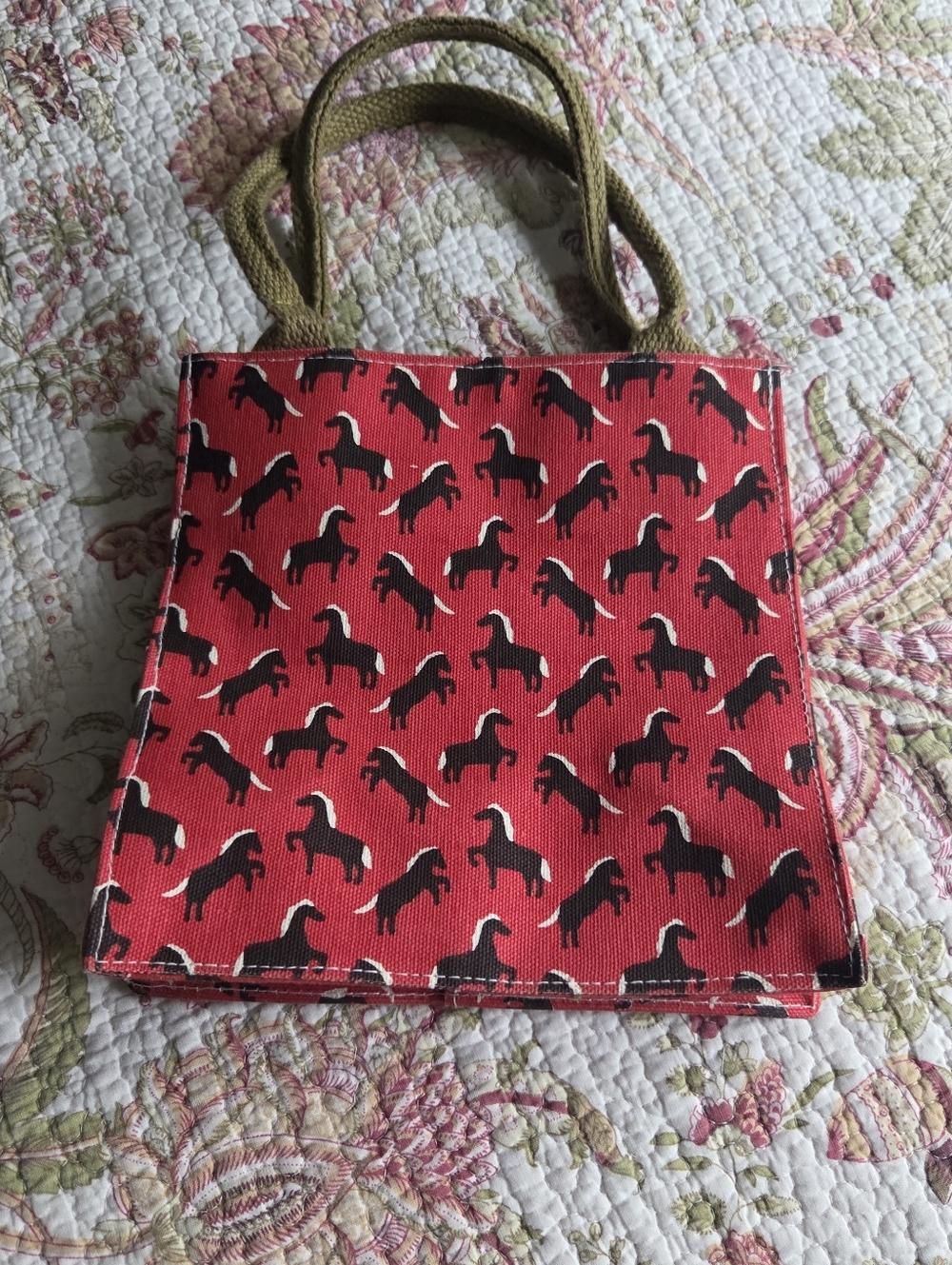 Rock Paper Flower Canvas Red Tote Bag with Black Horse Print